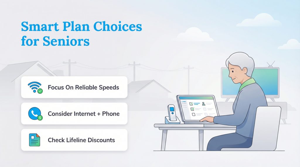 Infographic titled Smart Plan Choices for Seniors with three tips for internet and phone services.