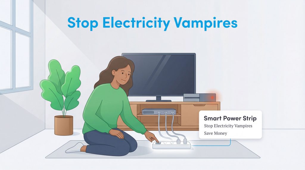 A woman connects a smart power strip to an outlet, stopping electricity vampires.