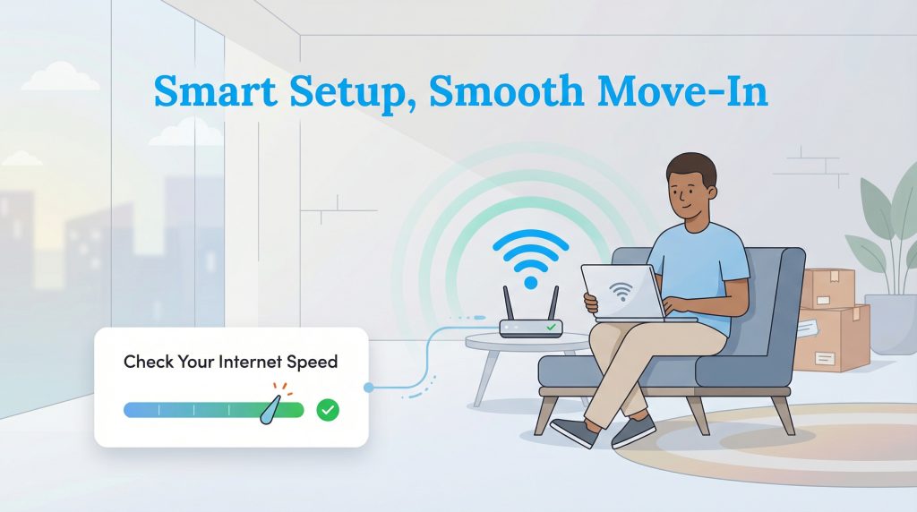 A man on a couch uses a laptop, checking his internet speed during a smooth move-in.