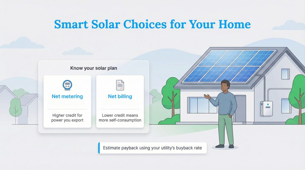 Illustration of a man and a solar-powered house, with a graphic comparing net metering and net billing and a button to estimate payback.
