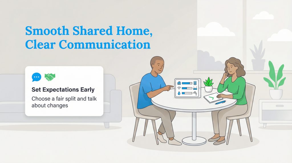 Two people discuss utilities on a tablet, with a text box emphasizing setting expectations early.