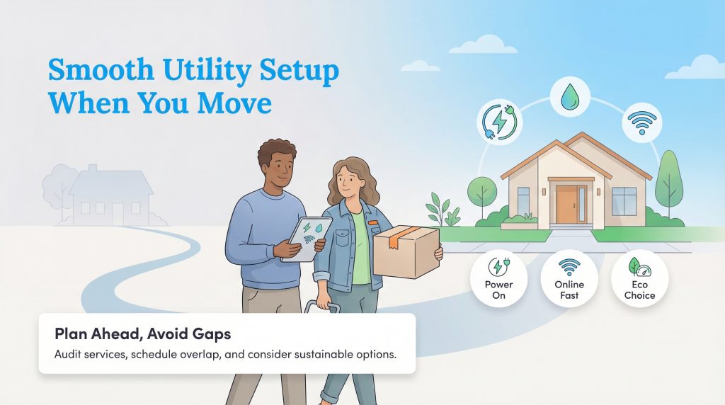 Illustration showing a moving couple and a house with icons for power, water, and internet setup.