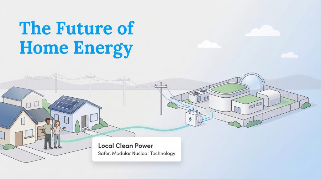 Illustration showing homes powered by a local, safer, modular nuclear technology facility.