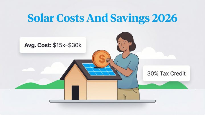 Illustration showing average solar cost of $15k-$30k and a 30% tax credit in 2026.