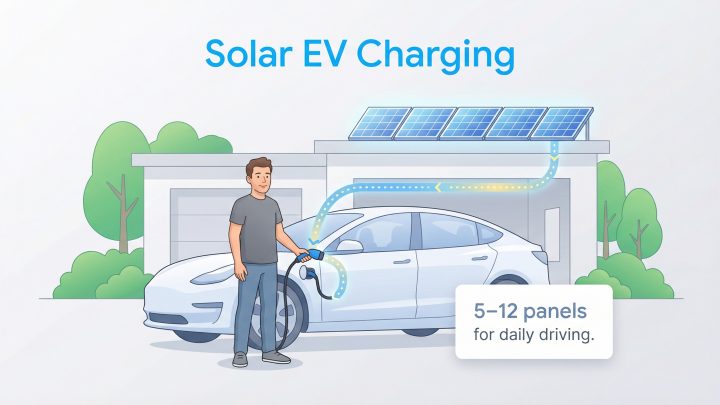 Man charges an EV with rooftop solar energy, with text stating 5-12 panels for daily driving.