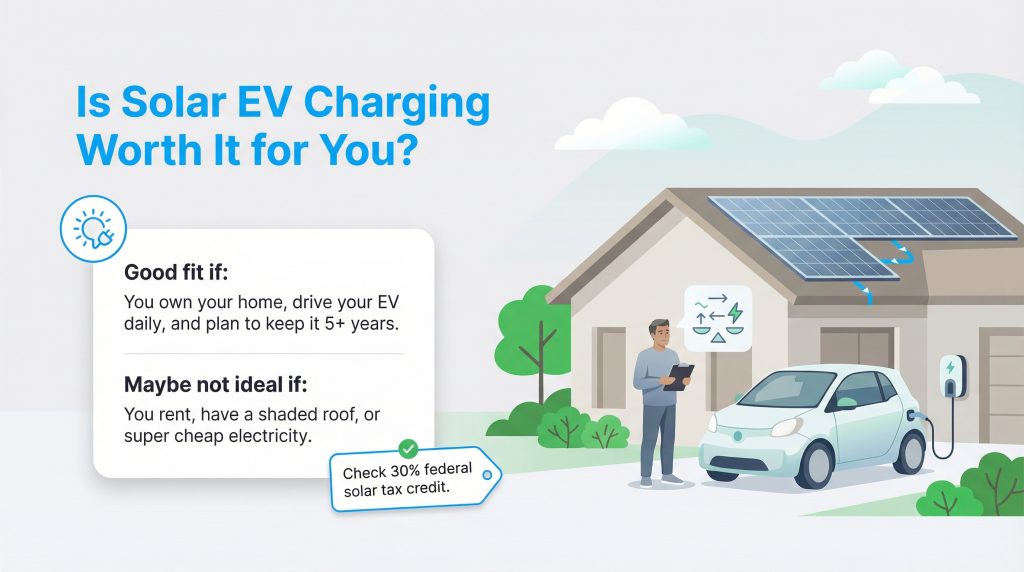 An infographic illustrating factors that make solar EV charging a good or bad fit for homeowners.