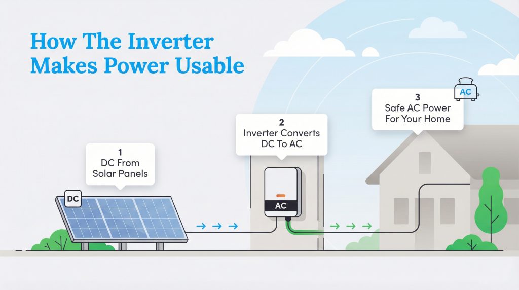 Illustration showing how a solar inverter converts DC electricity from panels into usable AC for a home.