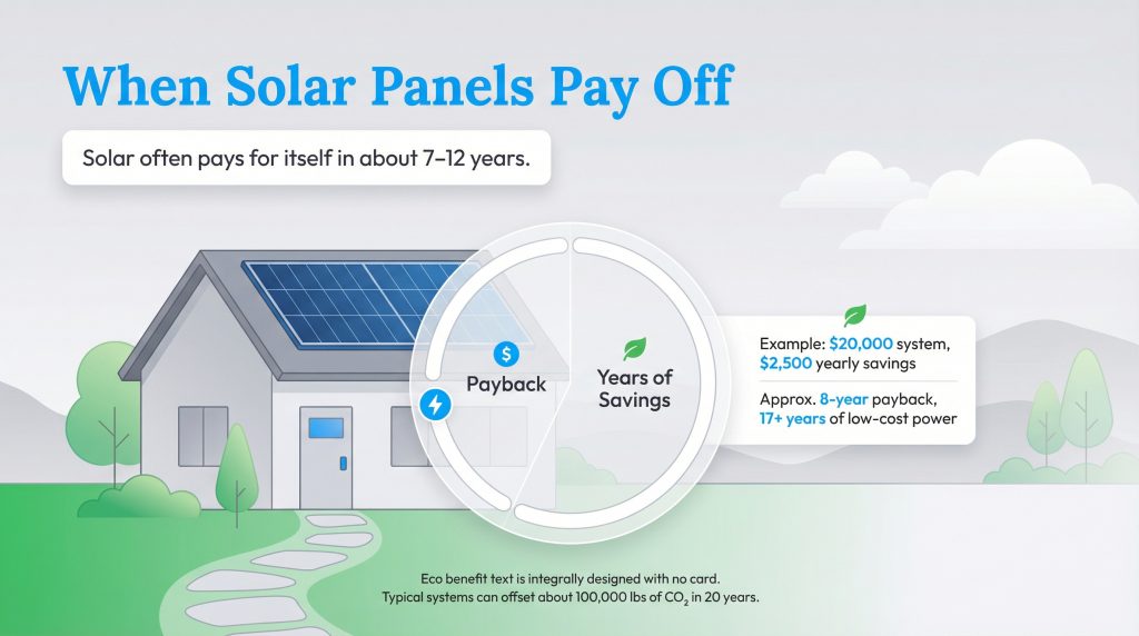 Infographic showing solar panel payback period of 7-12 years followed by years of savings and CO2 offset benefits.