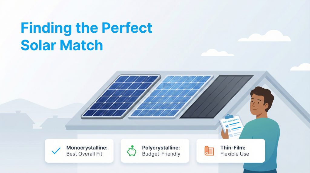 Graphic illustrating different solar panel types: Monocrystalline, Polycrystalline, and Thin-Film.