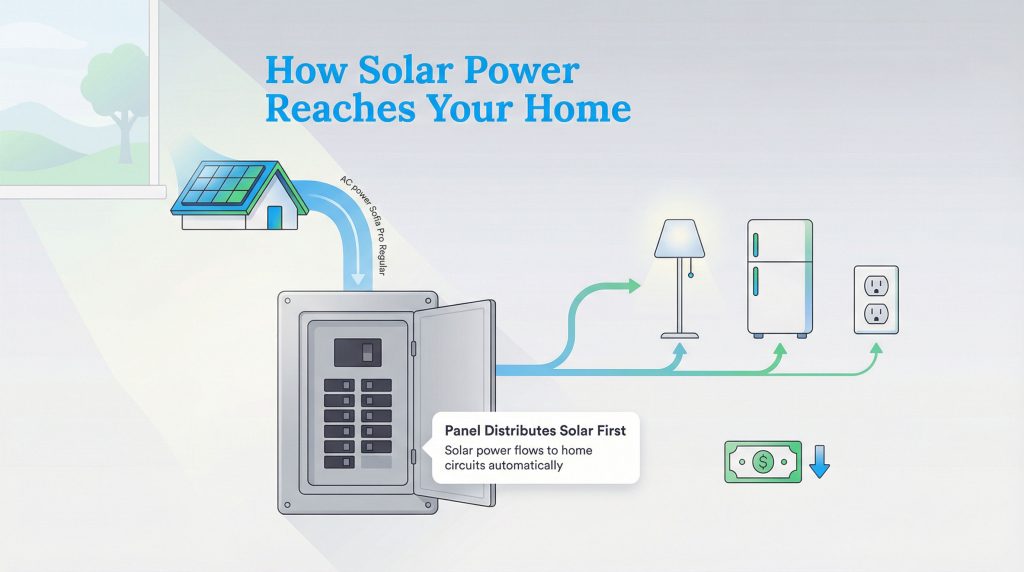 Diagram showing a home's electrical panel distributing AC solar power to appliances and outlets.