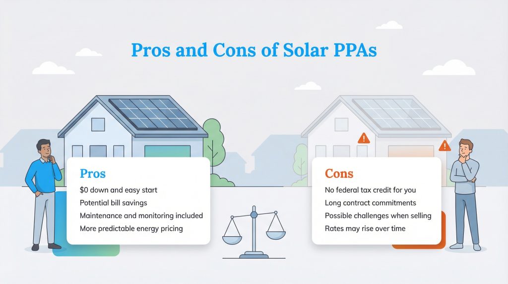 Infographic listing pros such as $0 down versus cons like no tax credit for Solar PPAs.
