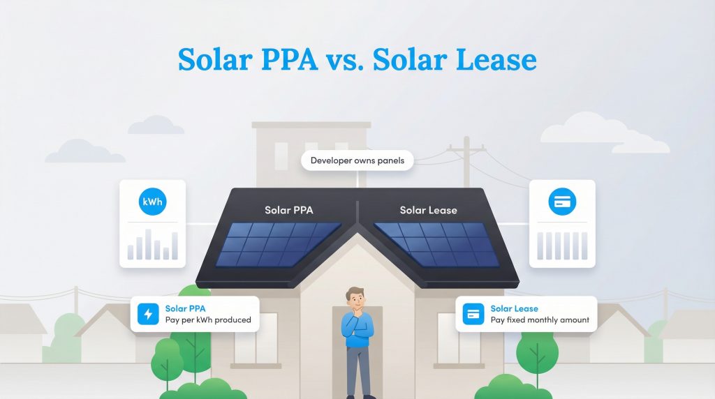 Graphic comparing Solar PPA (pay per kWh) and Solar Lease (pay fixed monthly amount) for home solar.