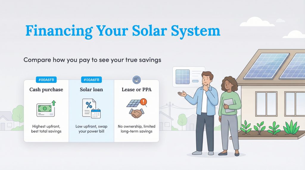 Infographic comparing cash, loan, and lease options for financing residential solar systems.