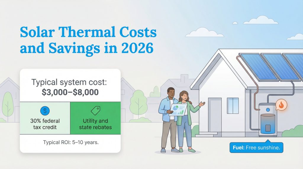 Infographic on solar thermal costs and savings in 2026, including a typical system cost of $3,000-$8,000, a 30% tax credit, and a 5-10 year ROI.