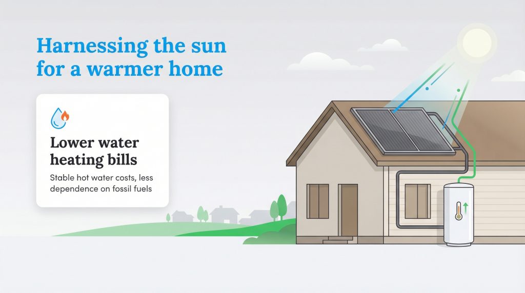 Illustration of a house with solar thermal panels on the roof heating a water tank inside.