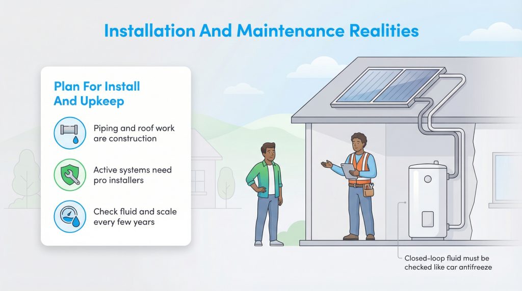 A technician discusses solar thermal installation and maintenance with a homeowner.