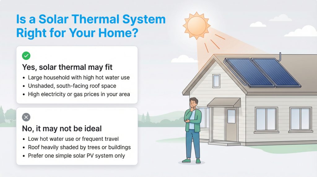 Infographic with a checklist to decide if a solar thermal system is right for a home.
