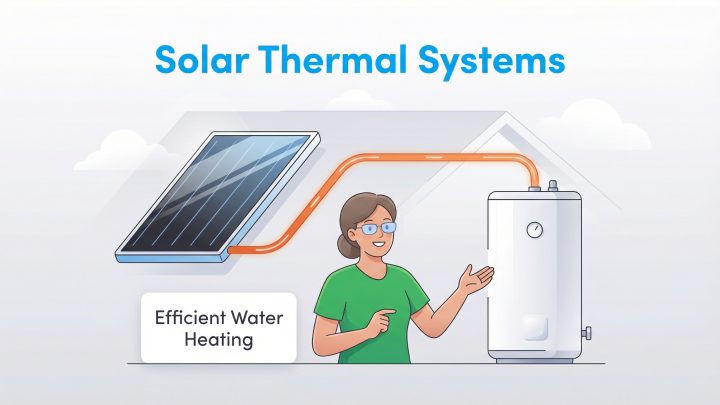 A person pointing to a solar thermal panel and a water heater, illustrating efficient water heating.