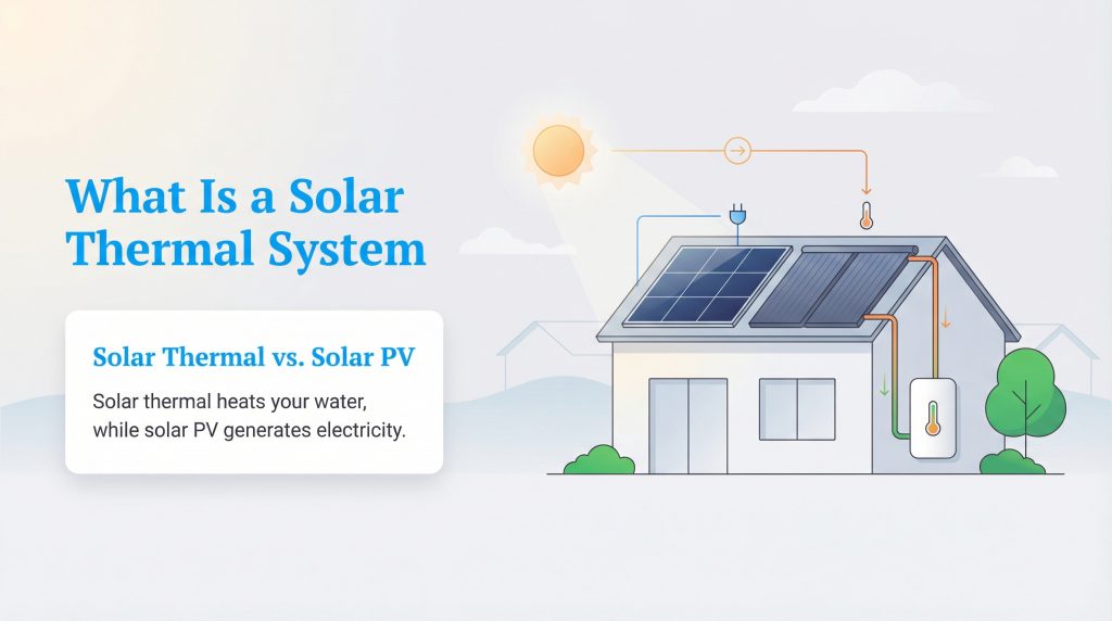 Diagram comparing solar thermal heating water vs solar PV generating electricity on a house roof.