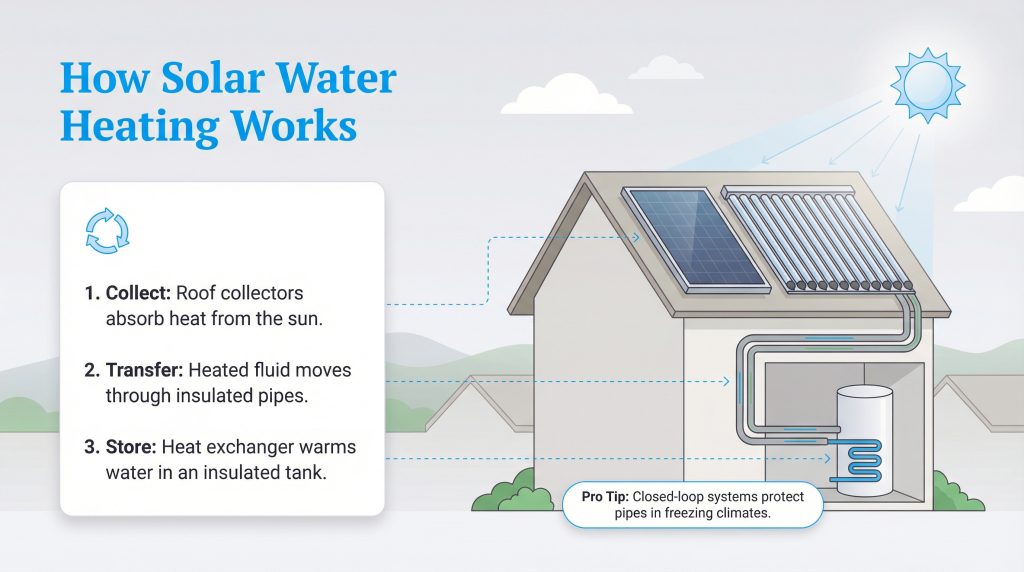 Infographic showing the three steps of solar water heating: collection, transfer, and storage.