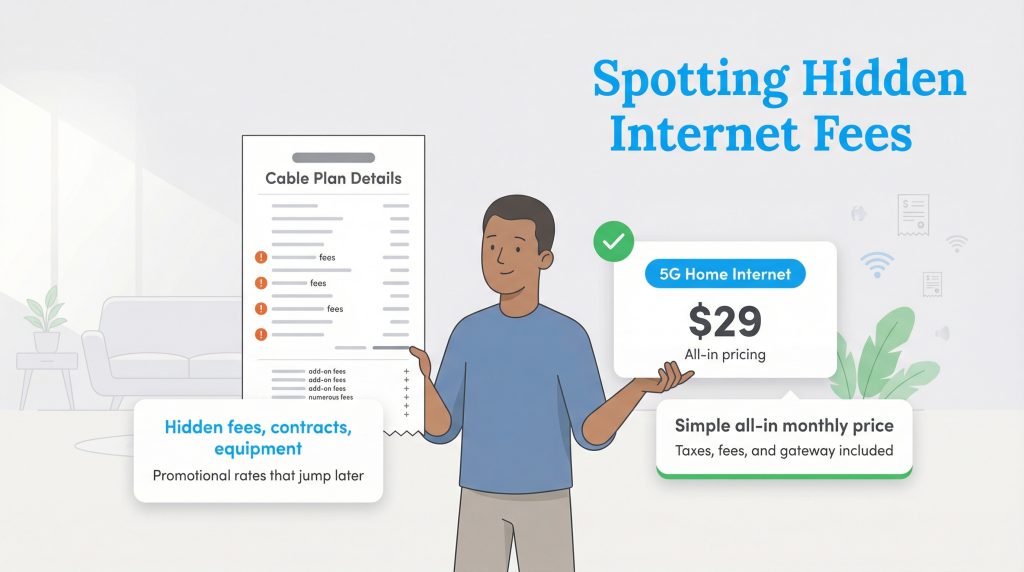 A man compares a confusing cable bill with hidden fees to a transparent, all-in 5G internet plan.
