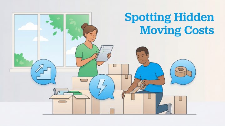 A couple packs boxes while icons of hidden costs like tape and energy float around them.