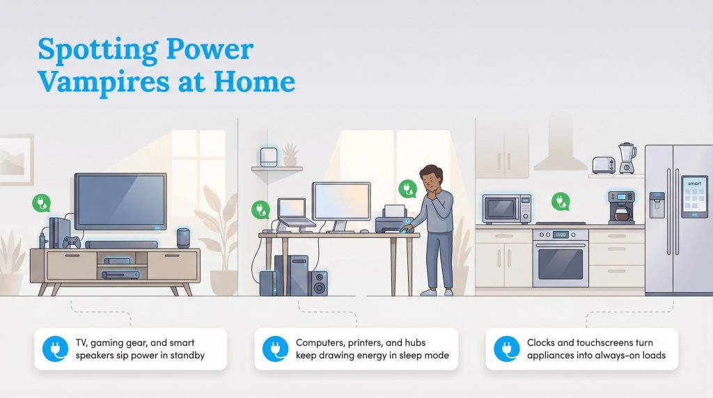 Infographic showing living room, office, and kitchen electronics that draw vampire standby power.