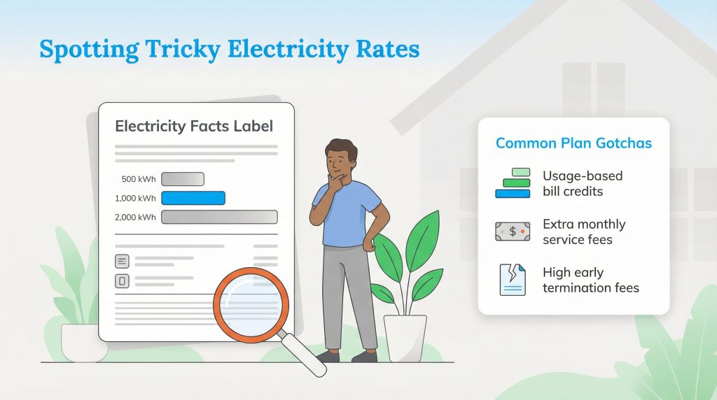 An illustration of a man scrutinizing an Electricity Facts Label to spot common plan hidden fees.