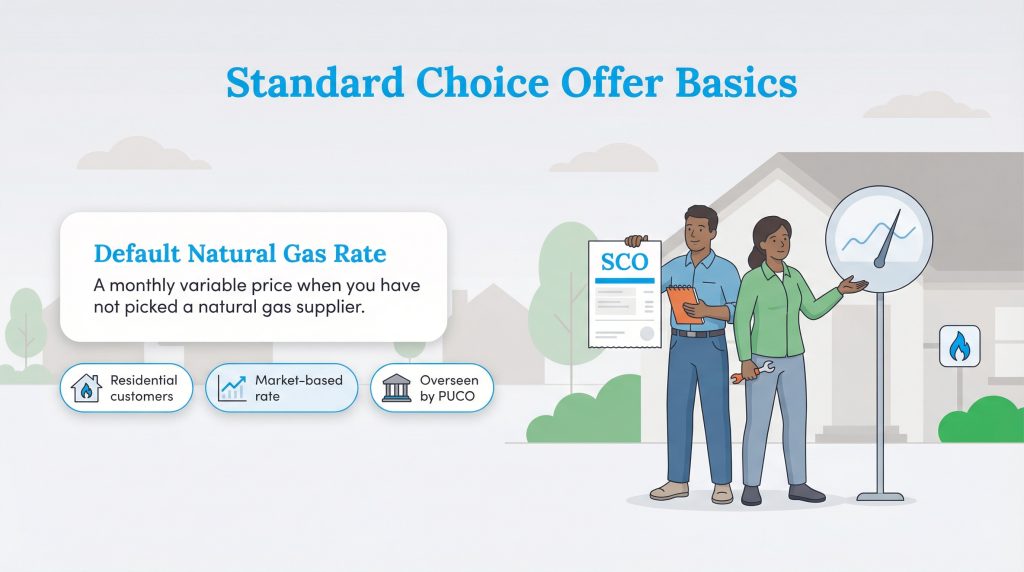 Infographic explaining the Standard Choice Offer (SCO) as a default, monthly variable natural gas rate.