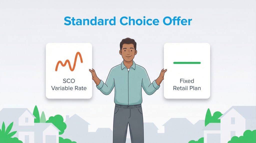 A man presenting two options: a variable rate graph and a fixed retail plan line.
