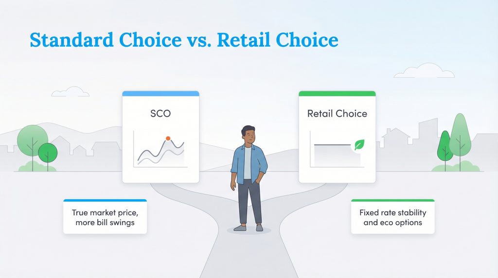 A man at a crossroads deciding between Standard Choice (SCO) with variable rates and Retail Choice with fixed rates and eco options.