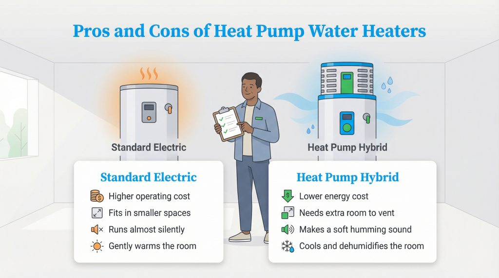 Illustration comparing features of standard electric and heat pump hybrid water heaters.