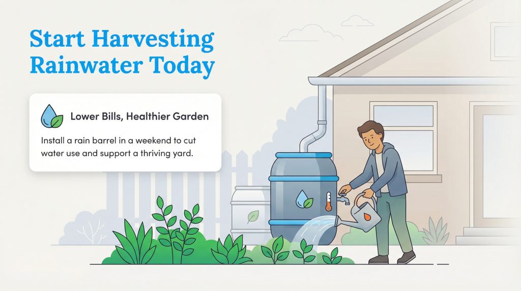 Man using a rain barrel to water his garden, illustrating rainwater harvesting.