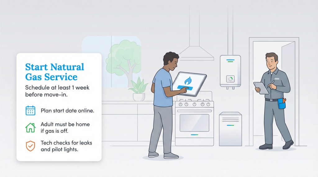 Illustration of a person starting natural gas service online and a technician checking appliances, with text detailing the process.