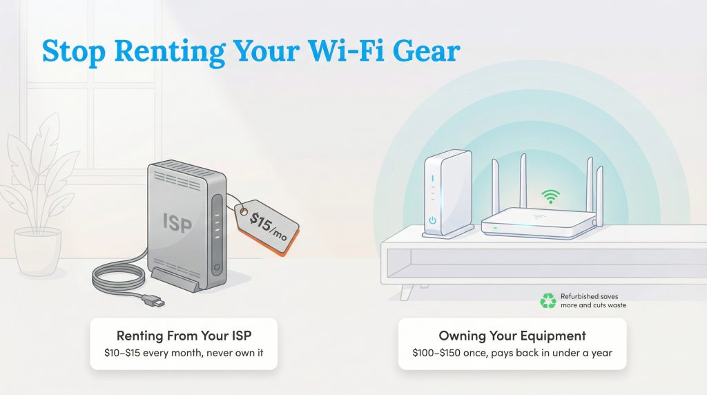 Infographic comparing renting a modem from an ISP for $10-15/month versus owning equipment for a one-time cost of $100-$150.