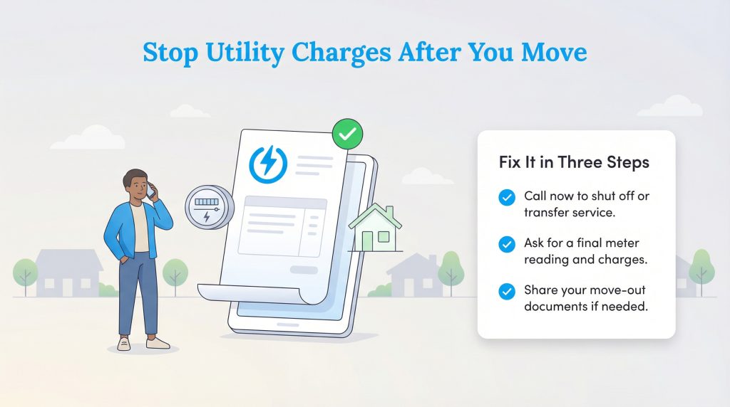 Illustration of a man on the phone next to a checklist titled 'Fix It in Three Steps' for stopping utility charges.
