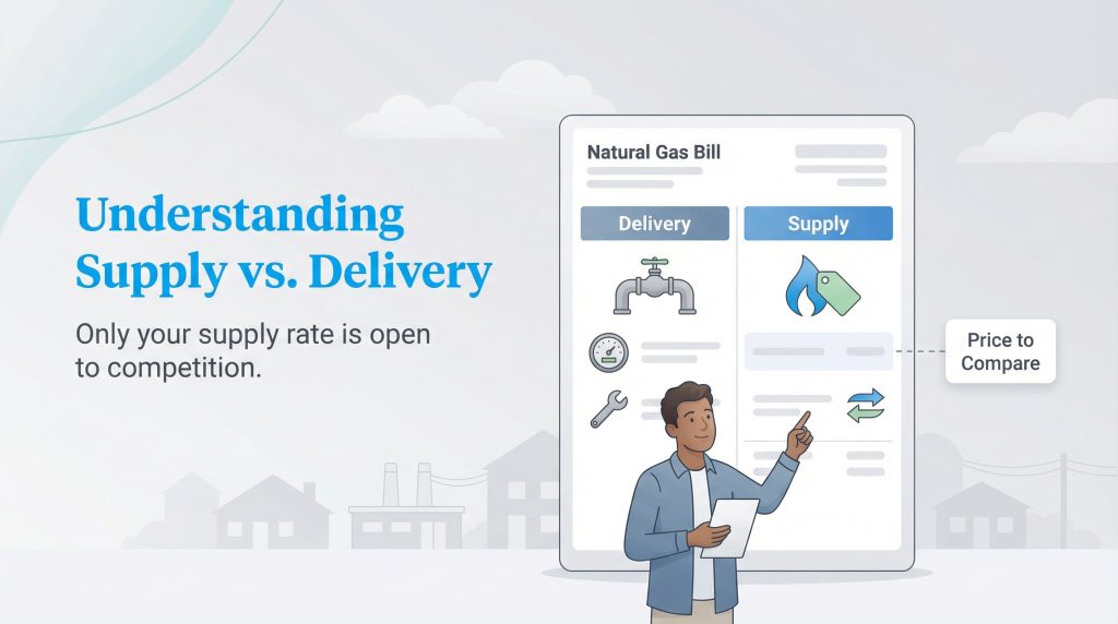 Man points to a gas bill diagram highlighting supply vs. delivery charges and the price to compare.