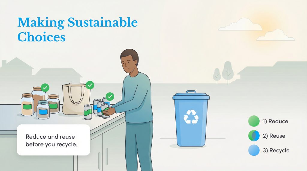 Person sorting jars and cans for recycling with a 'Reduce, Reuse, Recycle' graphic.
