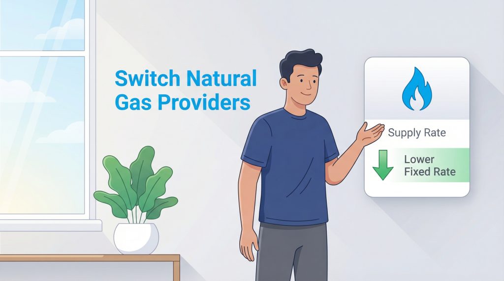 Man pointing to a graphic about switching natural gas providers for a lower fixed rate.
