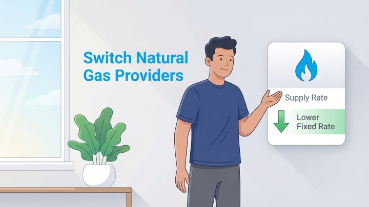 Man pointing to a graphic about switching natural gas providers for a lower fixed rate.