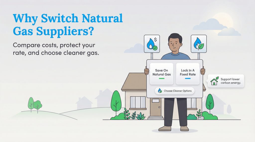 Infographic on benefits of switching natural gas suppliers: save money, fixed rates, cleaner options.