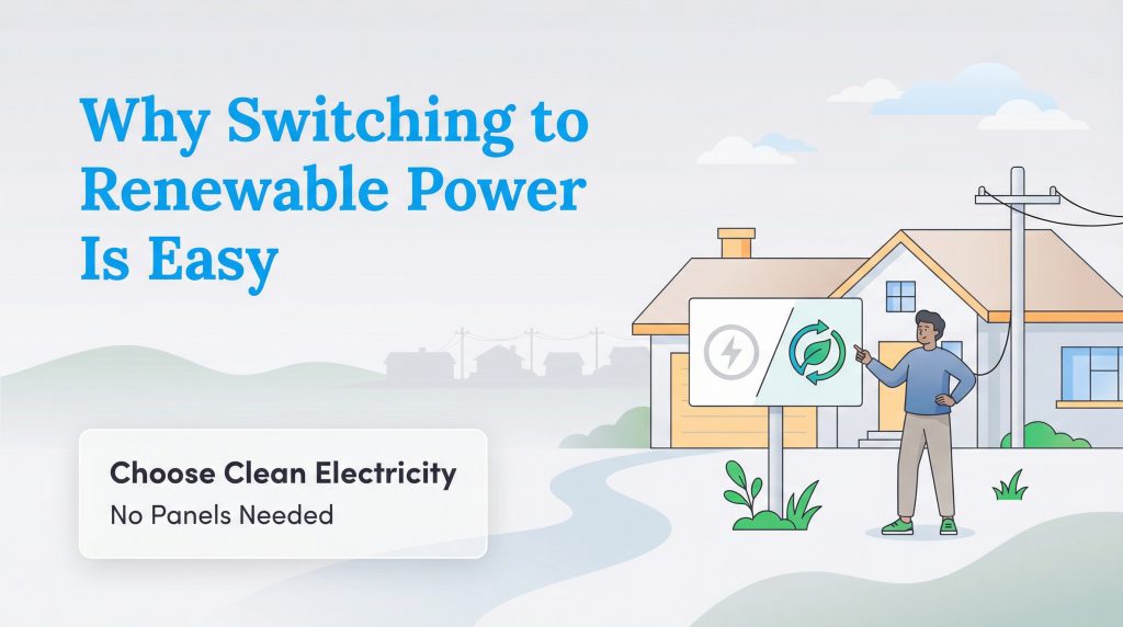 Illustration showing a person by a house with a sign promoting clean electricity, no panels needed.