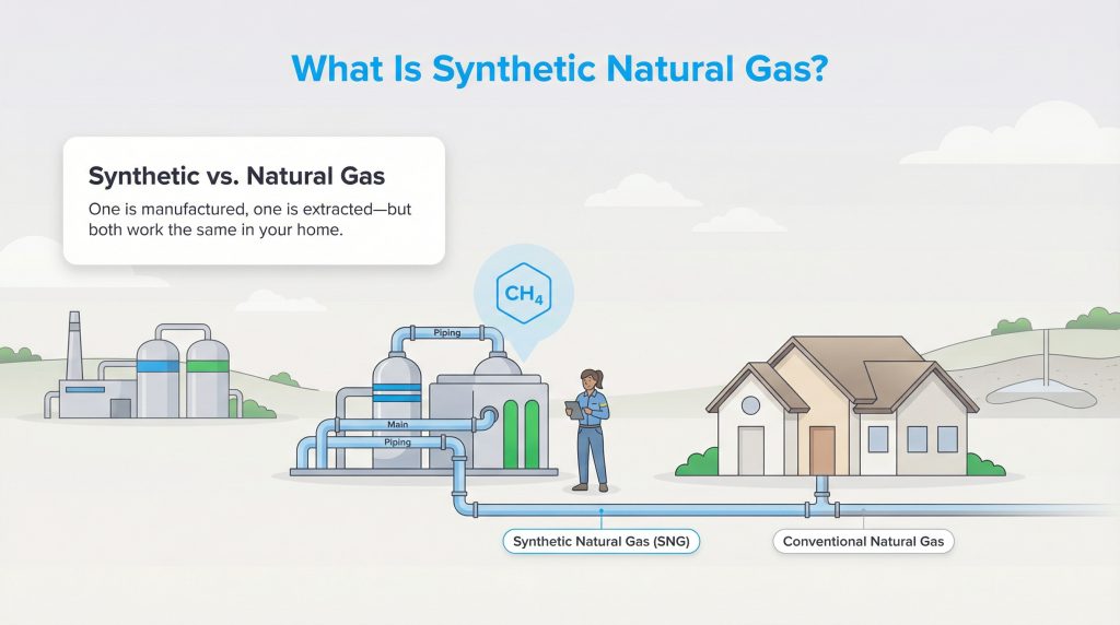 Diagram showing manufactured SNG and extracted natural gas flowing into a home.