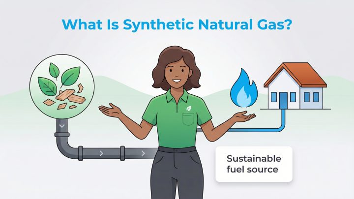 Infographic illustrating synthetic natural gas produced from biomass for home use, with a woman presenting it as a sustainable fuel.