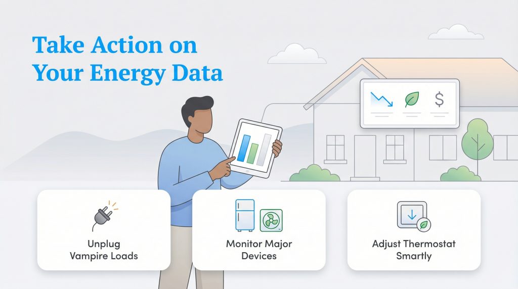 A person uses a tablet to view energy data, with icons showing actions like unplugging devices, monitoring appliances, and adjusting thermostats to save money.