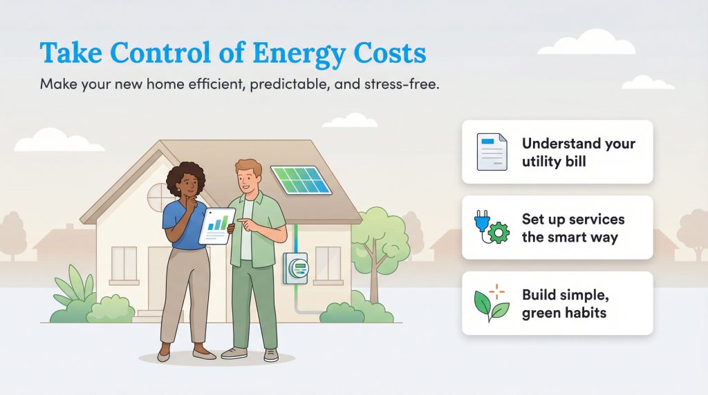 Infographic illustrating three steps to take control of home energy costs and improve efficiency.