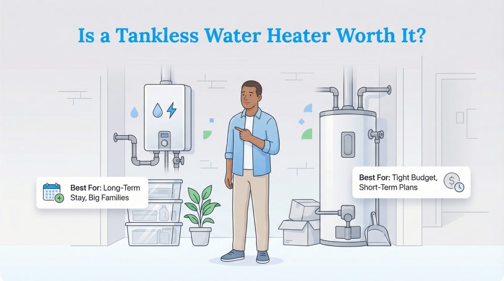 Man points between tankless and tank water heaters, with text highlighting their best use cases.
