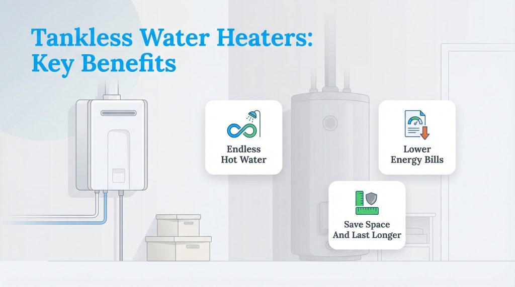 Graphic showing tankless water heater benefits: endless water, lower bills, space savings, and longevity.
