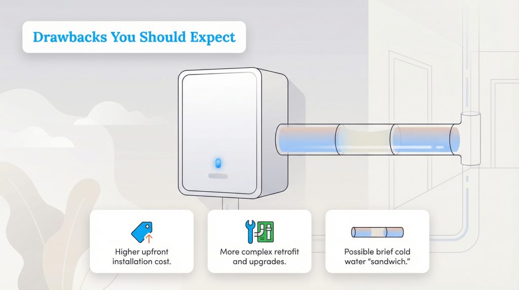 Diagram illustrating the disadvantages of a tankless water heater system, including higher upfront cost, complex installation, and the cold water sandwich effect.