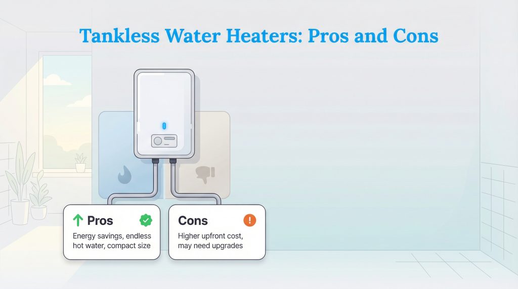 Infographic showing pros and cons of tankless water heaters, such as energy savings and higher upfront cost.